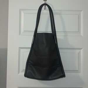 Neimen Marcus vegan leather shopper tote shoulder bag gray metal embellishment